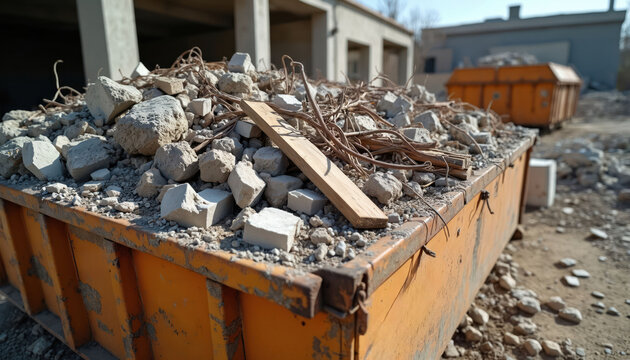 Orange dumpster overflows with concrete rubble, wood, metal from building demolition. Another waste container sits in background at sunny construction site. Demolition debris fills skip. Construction