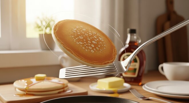 Fresh pancake flipping in air with maple syrup and butter on table for breakfast food content