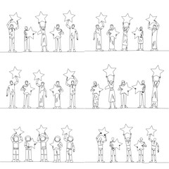Obraz premium Single line drawing portrays group of man, woman, Arabian, astronaut, and robot standing together to hold five giant stars. A wonderful teamwork concept designed for a corporate achievement poster.