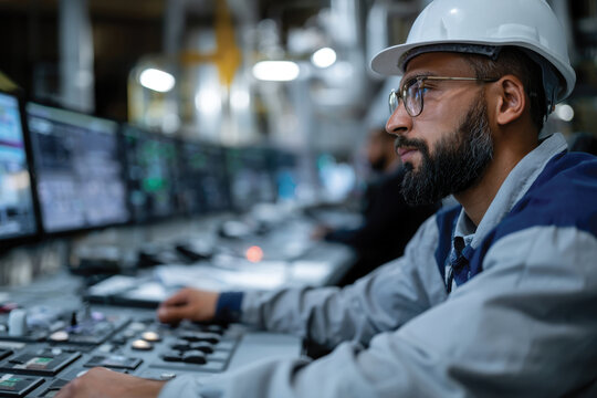 A focused technician in a hard hat interacts with sophisticated control systems, signifying the meticulous attention required in oil and gas operations for safety and efficiency.
