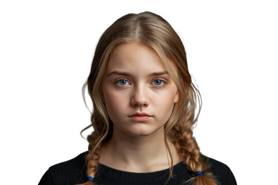Young blonde girl with blue eyes having pigtail braids, creating a portrait of youth and innocence on transparent background