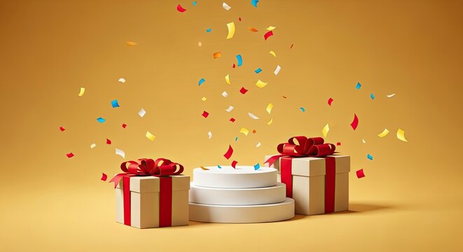 Festive celebration three gift boxes with confetti falling on a golden background