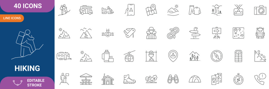 Hiking Icon Set. Containing Adventure, Outdoor, Mountain, Nature, Camping, Trekking, Travel, Backpack, Trail, Exploration, Journey and etc. Line Icon. Editable Stroke. Vector file