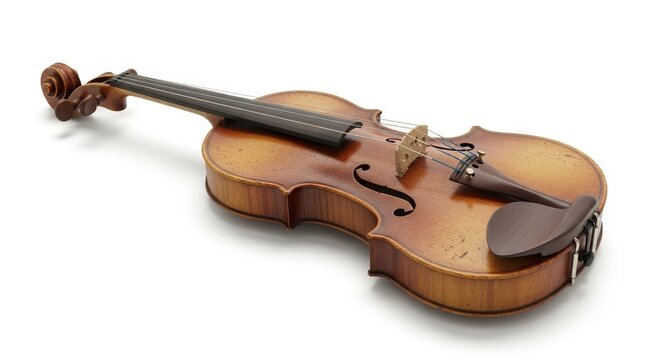 Detailed Close-up of a Classical Wooden Violin on White.