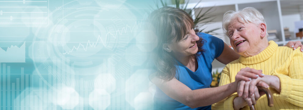 Portrait of happy grandmother with her daughter; panoramic banner