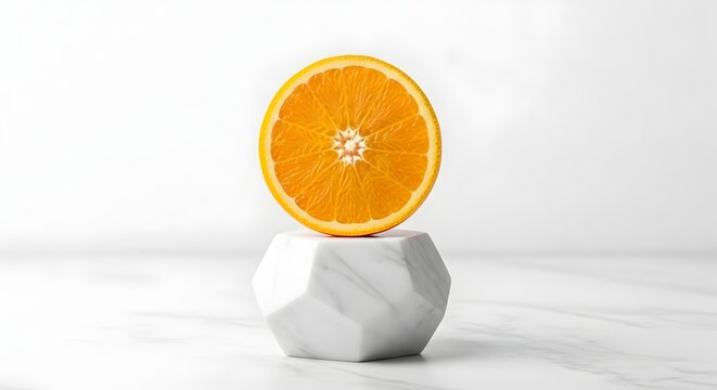 Potongan buah jeruk segar di atas alas marmer geometris