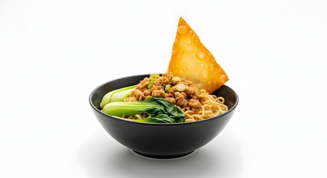 Mangkuk Mie Ayam Bakmi dengan Daging Cincang Sayur Pakcoy dan Pangsit Goreng