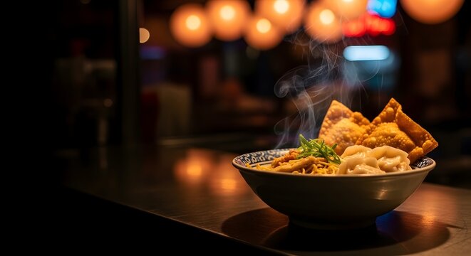 Semangkuk Mie Panas Berasap dengan Pangsit di Kedai Makan Malam Hari