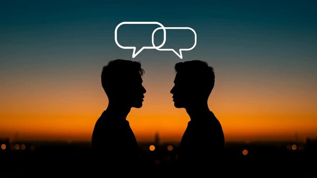 Two silhouetted figures face each other with overlaid cartoon speech bubbles at sunset
