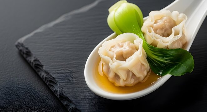 Dua Pangsit Dimsum Kukus di Atas Sendok dengan Daun Pakcoy