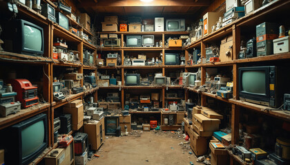 Fototapeta premium Old electronics fill dusty shelves in cramped storage room. CRT TVs, VCRs, computers, miscellaneous gear create cluttered, retro vibe. Lots of vintage tech stored, waiting for repair or repurposing.