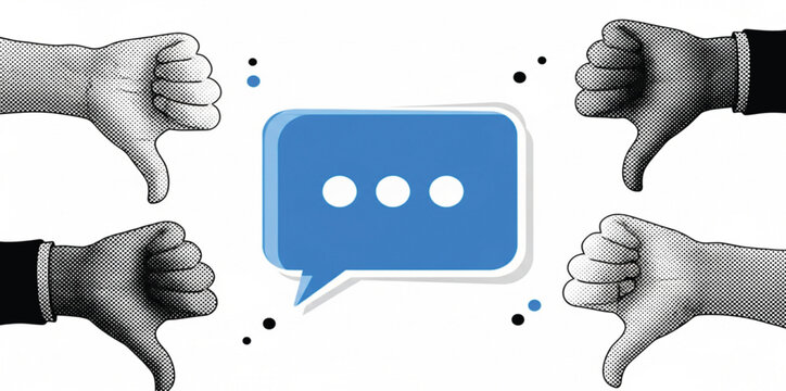 Negative Feedback Communication Concept with Thumbs Down Hands Around Chat Bubble Message Icon Pop Art Vector Illustration Design Theme