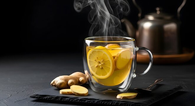 Segelas Teh Jahe Lemon Panas Berasap di Atas Meja Gelap