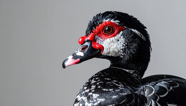 Elegant Muscovy Duck Portrait Detailed Close-up Showing Distinctive Red Facial Caruncles and Black and White Plumage