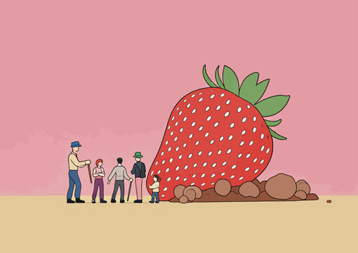 People Observing Giant Strawberry Illustration