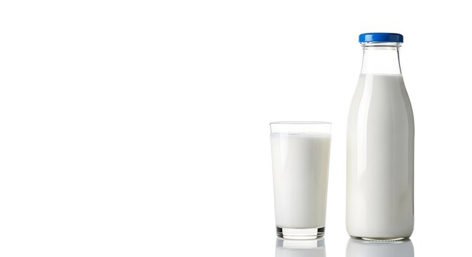 Segelas dan Sebotol Susu Sapi Segar pada Latar Belakang Putih