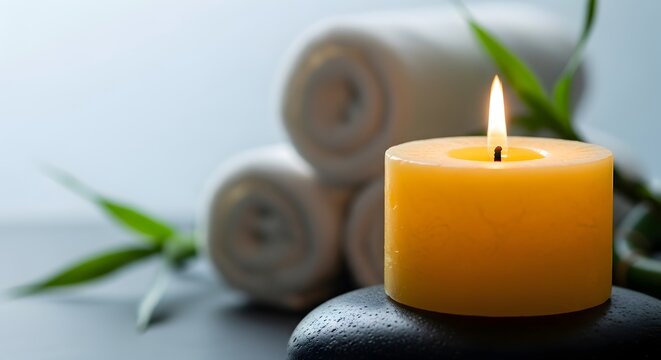 Lilin Menyala dengan Handuk Gulung Batu Hitam dan Bambu Hijau