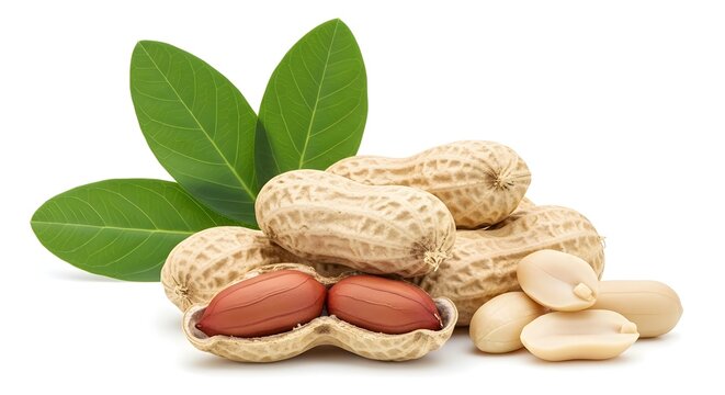 Kacang Tanah Segar dengan Kulit dan Daun Hijau di Latar Putih