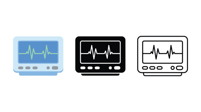 ECG monitor icon set with color filled outline and silhouette styles.