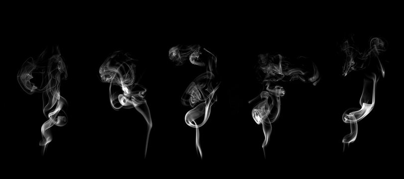Abstract white smoke collection isolated on black background, swirling vapor shapes, smooth flowing lines, mystical fog effect, motion freeze, design element for creative and cinematic visuals
