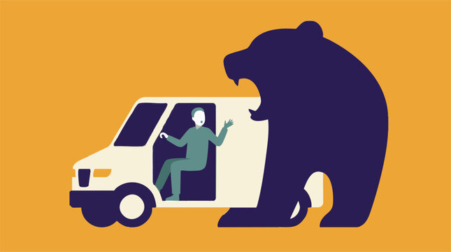Surprised person in white van confronted by a large roaring bear