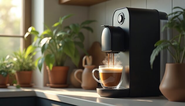 Modern automatic coffee machine brews hot beverage into clear glass cup. Steam rises from fresh espresso drink on kitchen countertop with houseplants. Morning coffee prep.