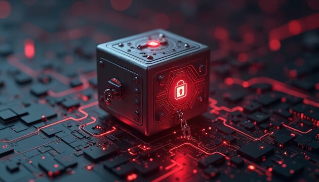 Digital safe with lock and key on circuit board. Glowing padlock icon signifies data security. Cyber safety concept with encrypted information streams.