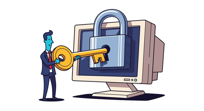 Businessman unlocking computer security with key.