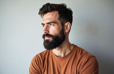 Obraz premium Thoughtful bearded man profile, looking left against gray studio backdrop. Mid-adult person with dark hair and beard, wearing casual brown t-shirt. Casual portrait with copy space.