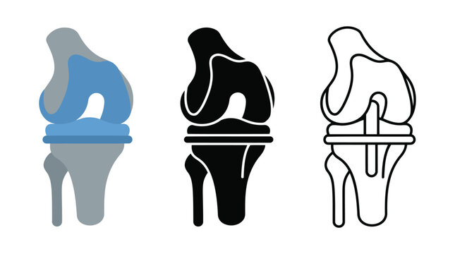 Human knee replacement surgery icons showing joint anatomy and prosthetic implant designs.