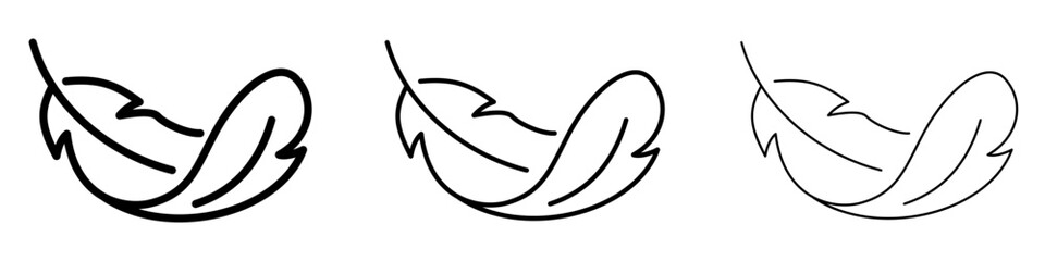 Set of three minimalist feather icons with different stroke weights. Linear illustrations symbolizing lightness, softness, and delicacy. Vector illustration. © chekman