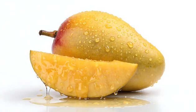 Ripe yellow mango with juicy slice and smooth texture isolated on clean white background tropical fruit concept.