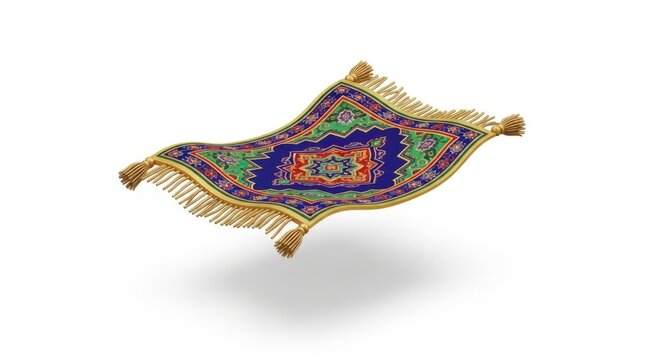 Ornate magical flying carpet with intricate patterns floating in white space