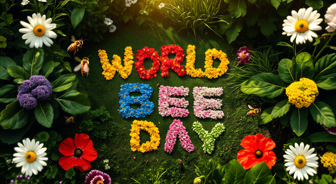 Colorful flower arrangement spelling world bee day with bees flying around vibrant blooms and greenery