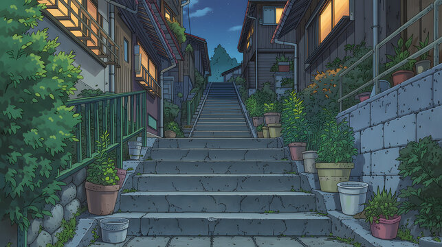 Discover the Serene Charm of a Cozy Evening Staircase Surrounded by Lush Greenery in a Picturesque Urban Landscape