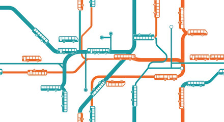Abstract bus map with orange and teal routes and bus icons. © SaljuCreative