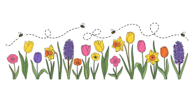 Colorful hand-drawn spring flower border with flying bumble bees on white.