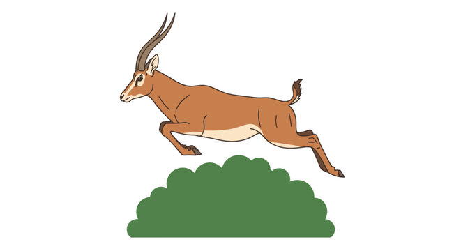 Jumping african antelope leaping over a green bush illustration.