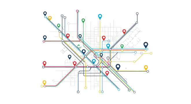Abstract city transit map with colorful lines and digital location markers