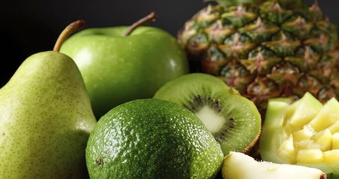 A vibrant close-up displays a beautiful assortment of fresh, healthy green and yellow fruits, artfully arranged against a dark, contrasting background. The composition features a crisp green apple, a 