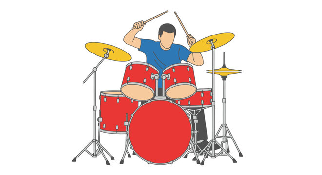 Male drummer playing a red drum kit on a white background