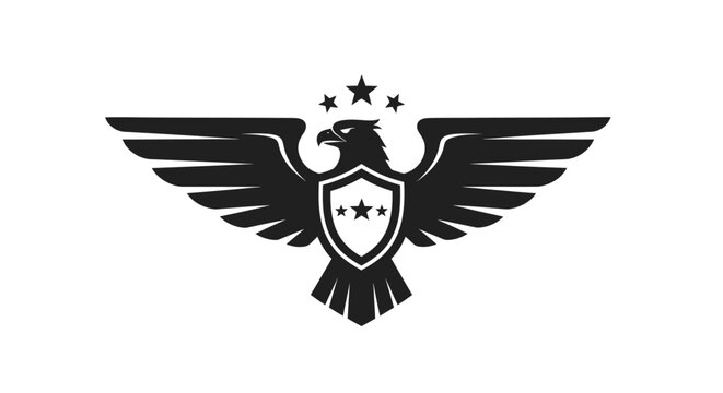 Strong patriotic eagle logo with shield and stars design.
