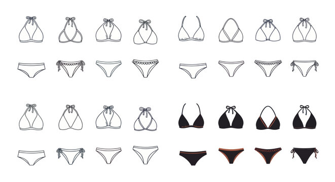 Vector set of various bikini styles and swimwear fashion elements.