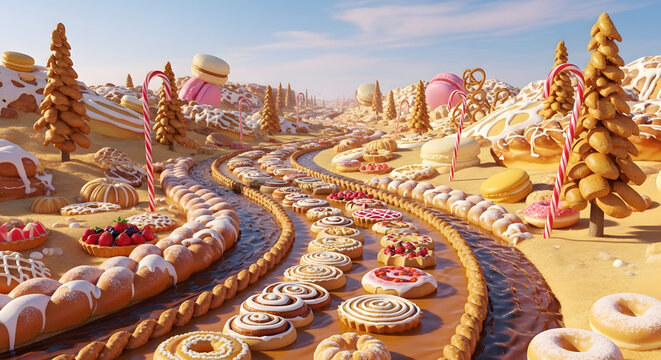 Fantasy Dessert Land with Chocolate River and Pastry Landscape 3D Illustration