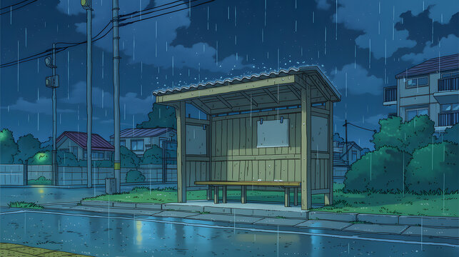 Exploring Nighttime Urban Landscapes: A Serene Bus Stop in the Rain Captured Amidst a City of Lights and Nature