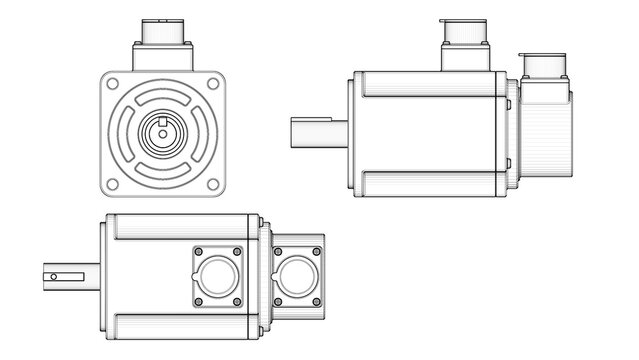 AC Servo Motor for CNC - Stepper Motor. Orthographic view - side views, front and top. 3D rendering isolated on white background. Ideal for professionals, educational, engineering design