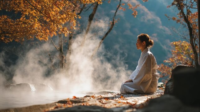 A woman in a white yukata sits meditating beside a steaming outdoor hot spring during the autumn season