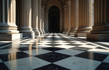 Fototapeta premium Grand hall with marble columns and checkered floor. Sunlight creates long shadows. Architectural interior path leads to dark archway. Classic elegant symmetry provides visual depth.