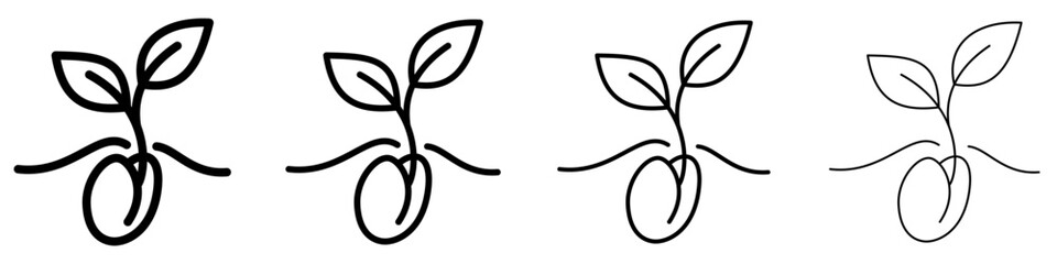 Naklejka premium Set of linear sprout icons growing from a seed with different line weights. Symbols of growth, nature, or new beginnings. Vector illustration.