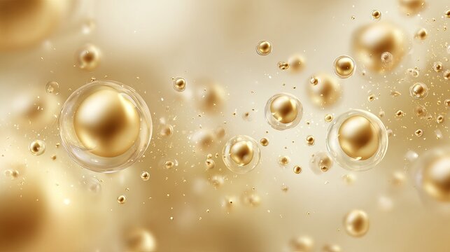 A luxurious and vibrant display of golden bubbles floating in mid-air, creating a sense of drama and beauty.